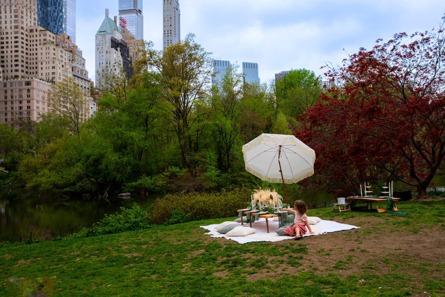 A small child sits alone at a picnic in New York City's Central Park. The city skyline can be seen in the background towering over the park and small girl.